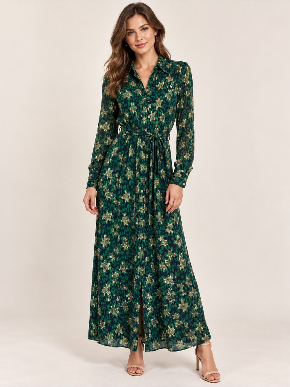Citron Forest Green Floral Button-Front Long Sleeve Maxi Dress